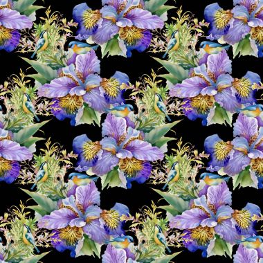 Suluboya mor çiçekler ve kuşlar 