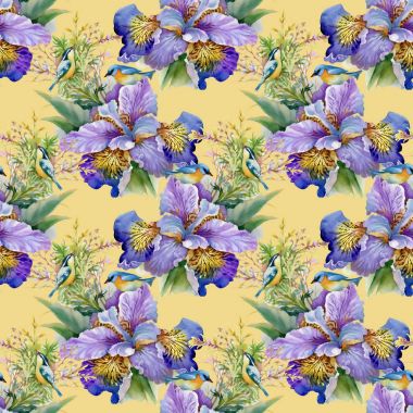 Suluboya mor çiçekler ve kuşlar 