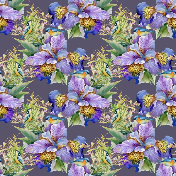 Akvarelu purple květiny a ptáci — Stock fotografie