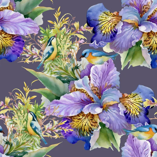 Watercolor purple  flowers and birds