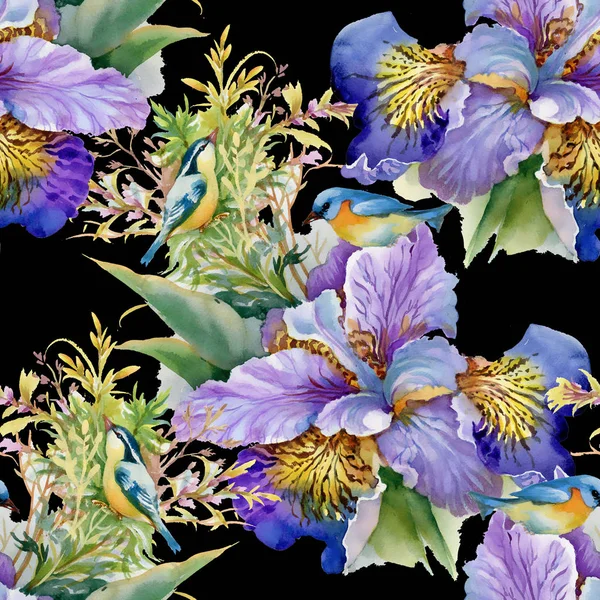 Akwarela, fioletowe kwiaty i ptaki — Zdjęcie stockowe