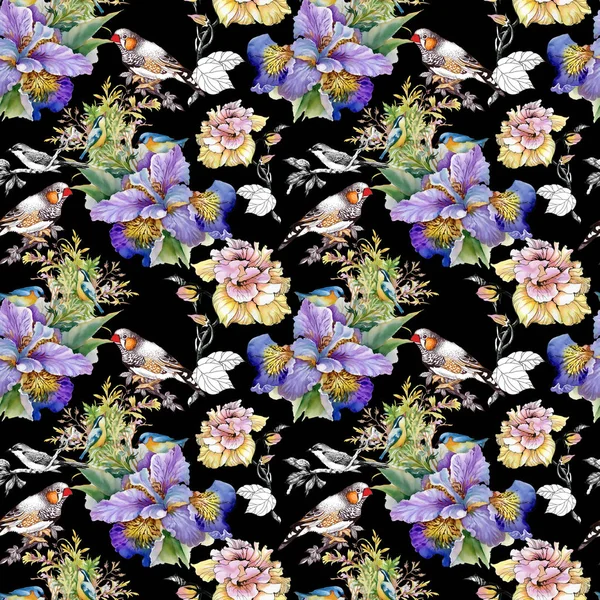 Цветы и птицы бесшовный узор — стоковое фото