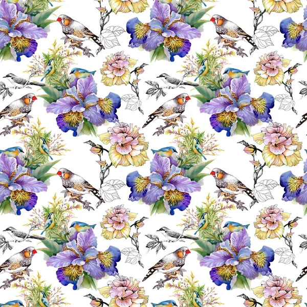 Blommor och fåglar seamless mönster — Stockfoto