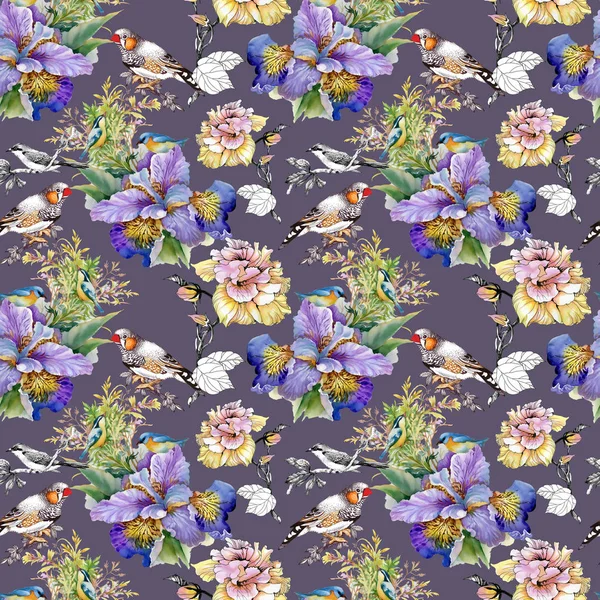 Blommor och fåglar seamless mönster — Stockfoto