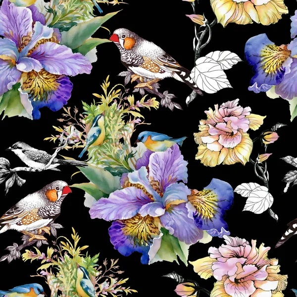 Flowers and birds seamless pattern — Stock Photo, Image