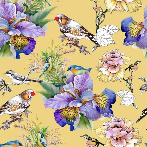 Çiçekler ve kuşlar seamless modeli — Stok fotoğraf
