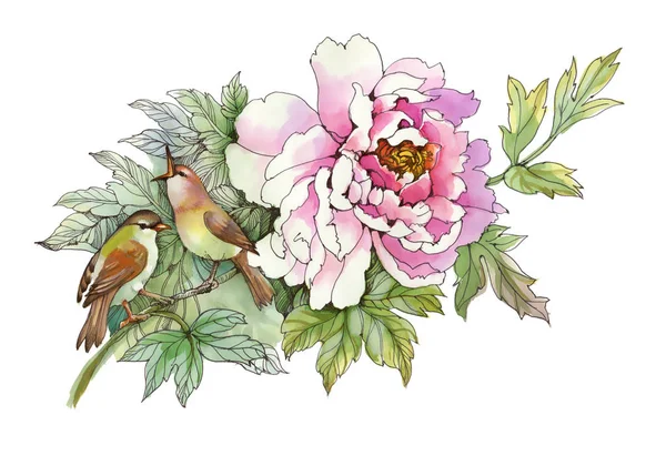 Růžový květ s ptáky — Stock fotografie
