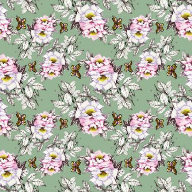 Kelebekler ile suluboya pembe güller