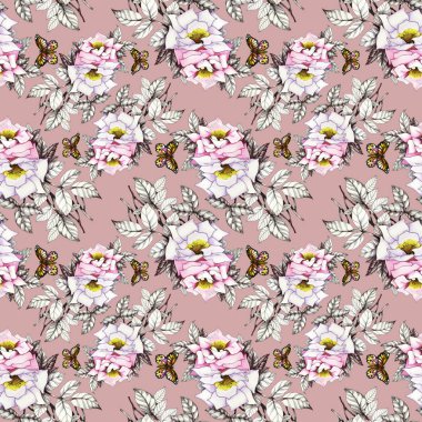 Kelebekler ile suluboya pembe güller