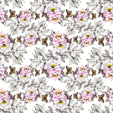 Kelebekler ile suluboya pembe güller