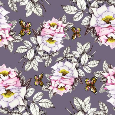 Kelebekler ile suluboya pembe güller