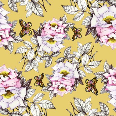 Kelebekler ile suluboya pembe güller