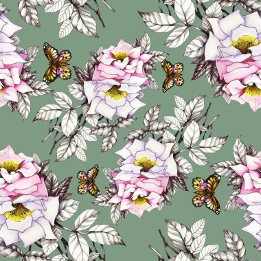 Kelebekler ile suluboya pembe güller