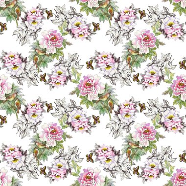 kuşlar ve kelebekler ile pembe güller 