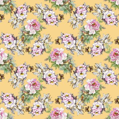 kuşlar ve kelebekler ile pembe güller 