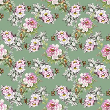 kuşlar ve kelebekler ile pembe güller 