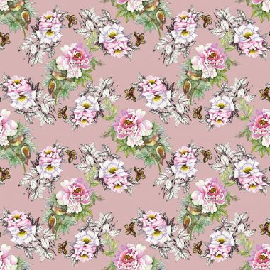 kuşlar ve kelebekler ile pembe güller 