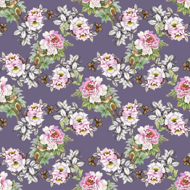 kuşlar ve kelebekler ile pembe güller 