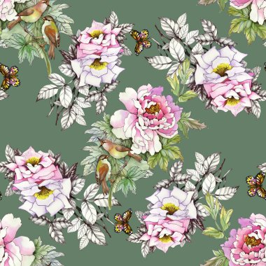 kuşlar ve kelebekler ile pembe güller 