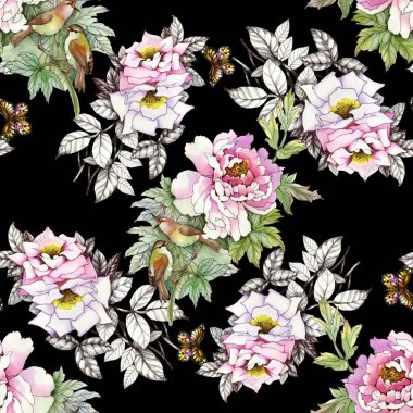 kuşlar ve kelebekler ile pembe güller 