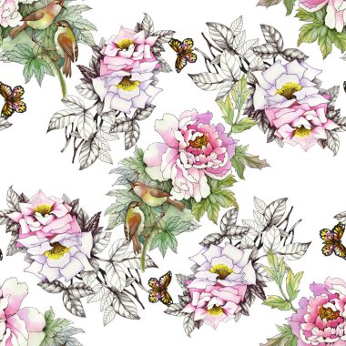 kuşlar ve kelebekler ile pembe güller 