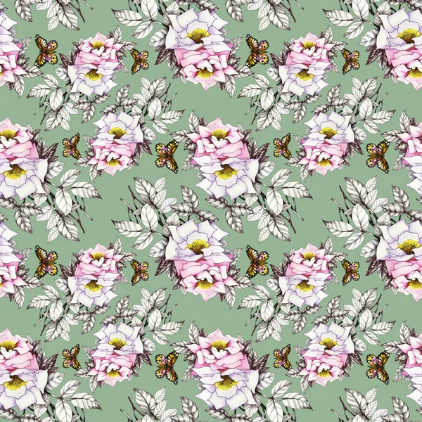 Kelebekler ile suluboya pembe güller