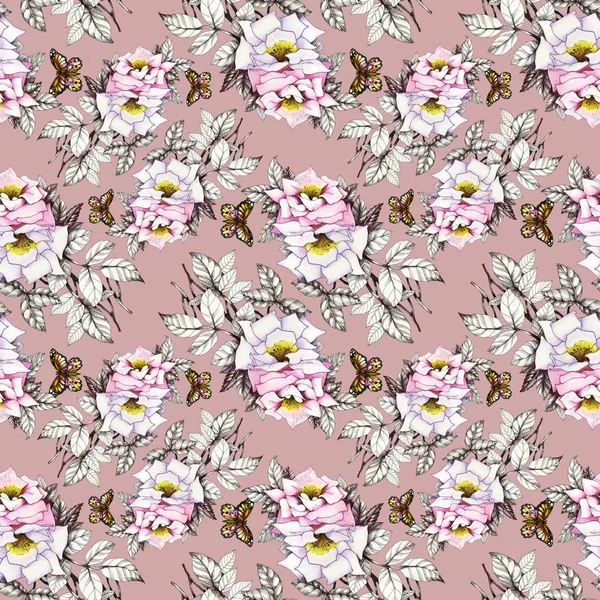 Kelebekler ile suluboya pembe güller