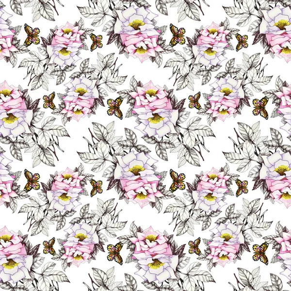 Kelebekler ile suluboya pembe güller