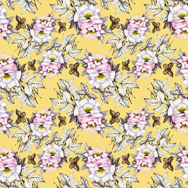 Kelebekler ile suluboya pembe güller