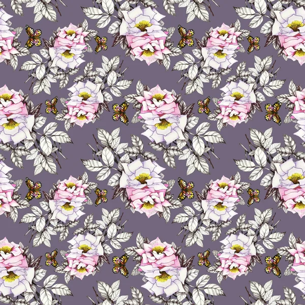 Kelebekler ile suluboya pembe güller