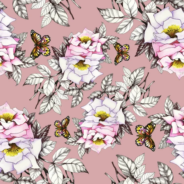 Aquarel roze rozen met vlinders — Stockfoto