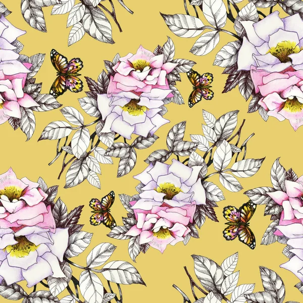 Kelebekler ile suluboya pembe güller