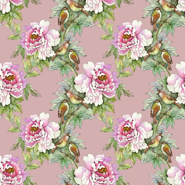 Roze rozen met vogels — Stockfoto