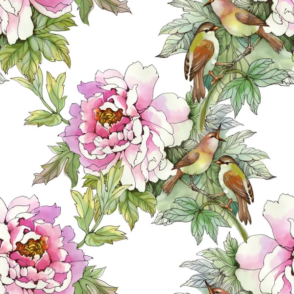 Rosa rosor med fåglar — Stockfoto