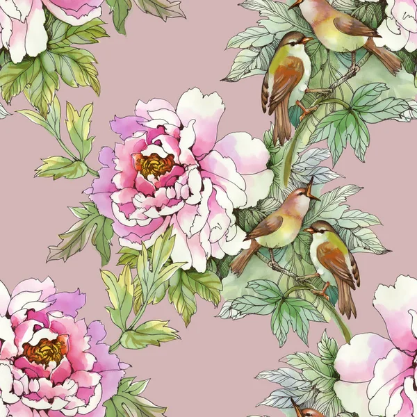 Rosas rosa com pássaros — Fotografia de Stock