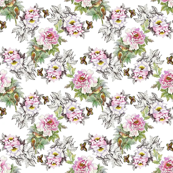 kuşlar ve kelebekler ile pembe güller 