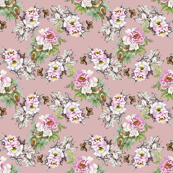 kuşlar ve kelebekler ile pembe güller 