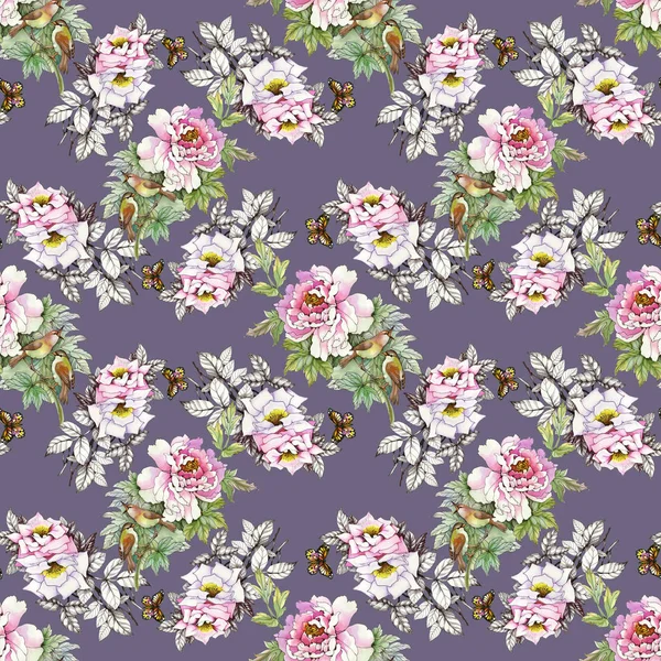 kuşlar ve kelebekler ile pembe güller 