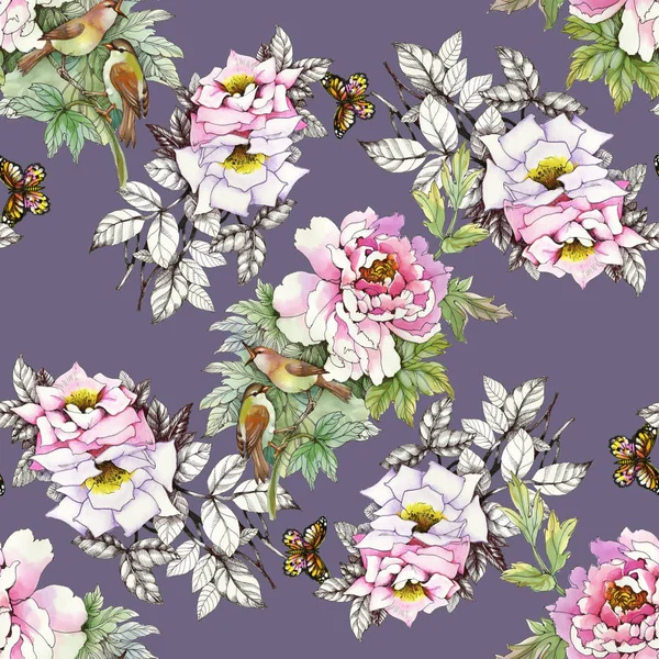 kuşlar ve kelebekler ile pembe güller 