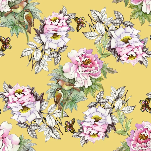 Rosa Rosen mit Vögeln und Schmetterlingen — Stockfoto