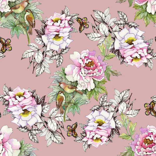 Rose rosa con uccelli e farfalle — Foto Stock