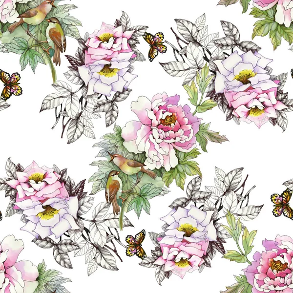 kuşlar ve kelebekler ile pembe güller 