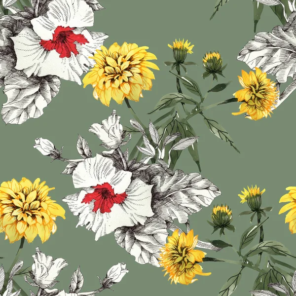 Sarı ve beyaz-kırmızı çiçekler arka plan — Stok fotoğraf