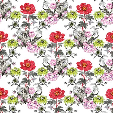 Sulu Boya desen renkli çiçekli