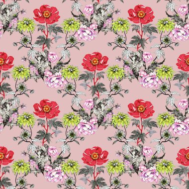 Sulu Boya desen renkli çiçekli