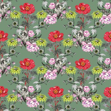 Sulu Boya desen renkli çiçekli