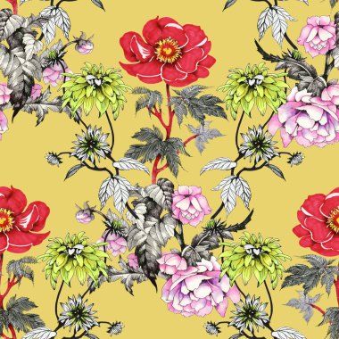 Sulu Boya desen renkli çiçekli