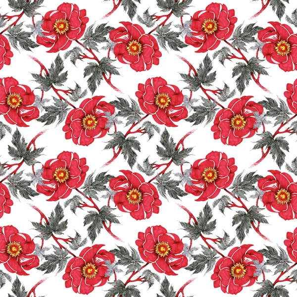 Watercolor pattern with red flowers