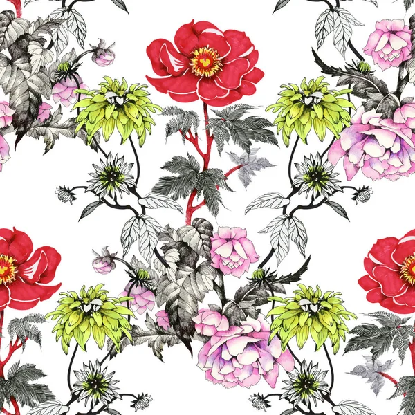 Watercolor pattern with colorful flowers
