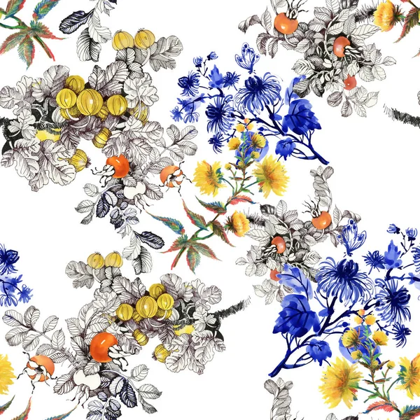 Modello con fiori e bacche — Foto Stock